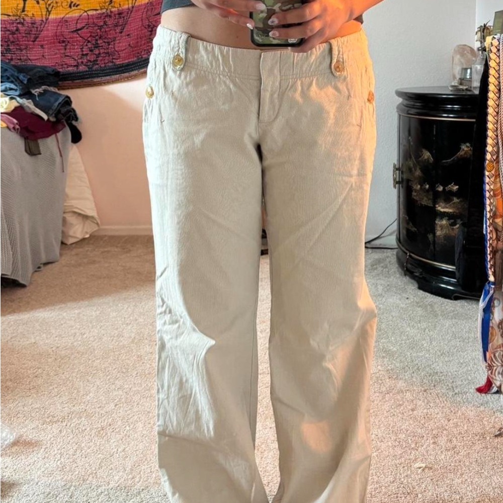 Beige Wide-Leg Pants with Button Accents